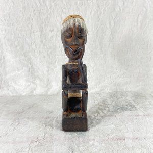 Hand Carved Wood Sculpture African Statue sitting Hair robe clothing